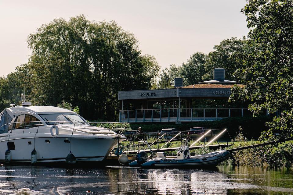 Bosuns York restaurant exterior along the river and boatyard