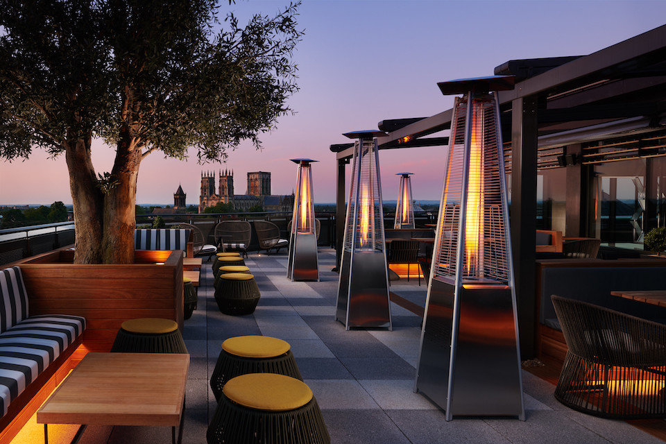 Sora Sky Bar York - outside terrace with heaters and seating