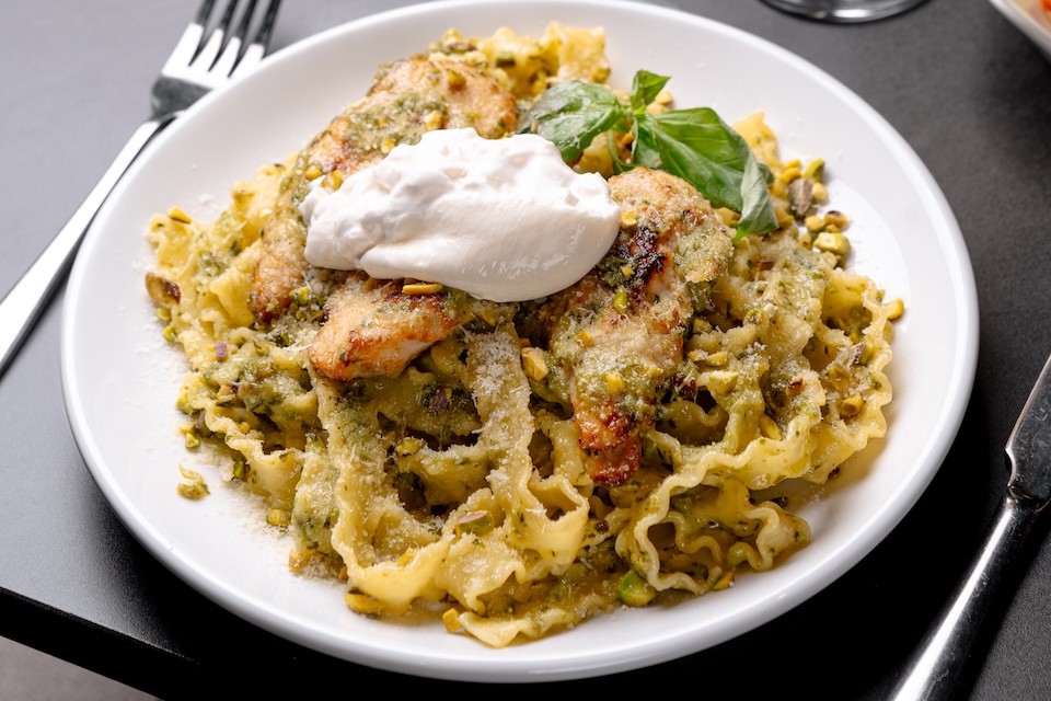 Mafaldine pesto chicken pasta luanara