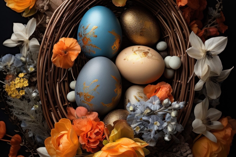 easter eggs and spring flowers in a basket